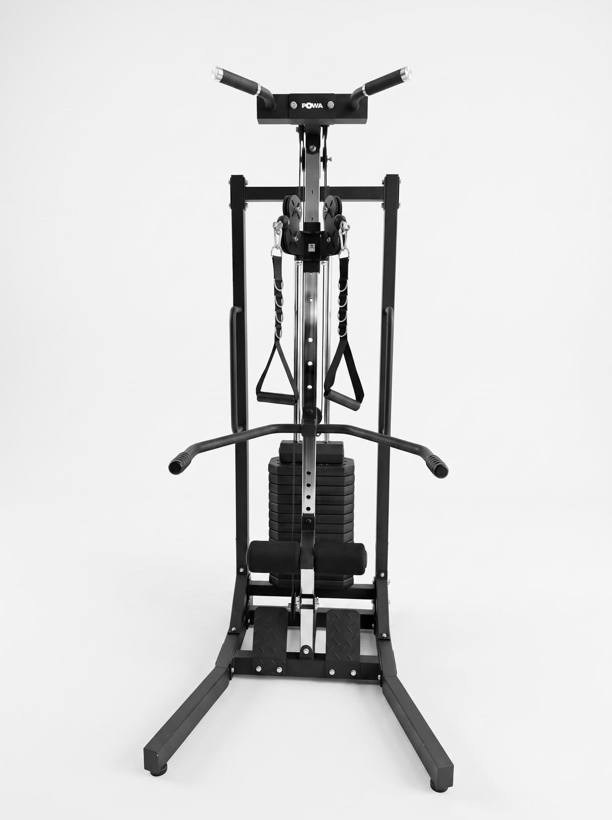 A black multi-functional home gym cable machine with weight stacks and resistance bands, photographed against a seamless white studio background.