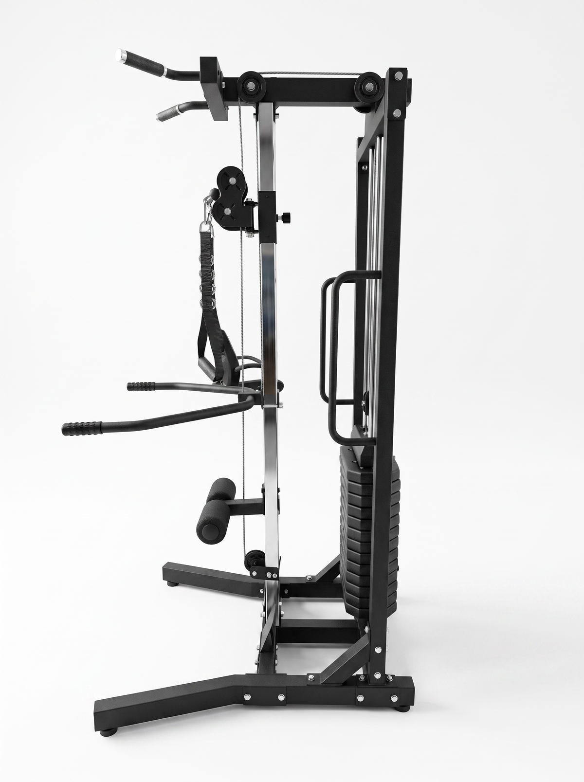 A black and silver steel cable pulley gym machine with a vertical handlebar, rope handles, and a textured weight stack, shown from a side profile on a light gray background.